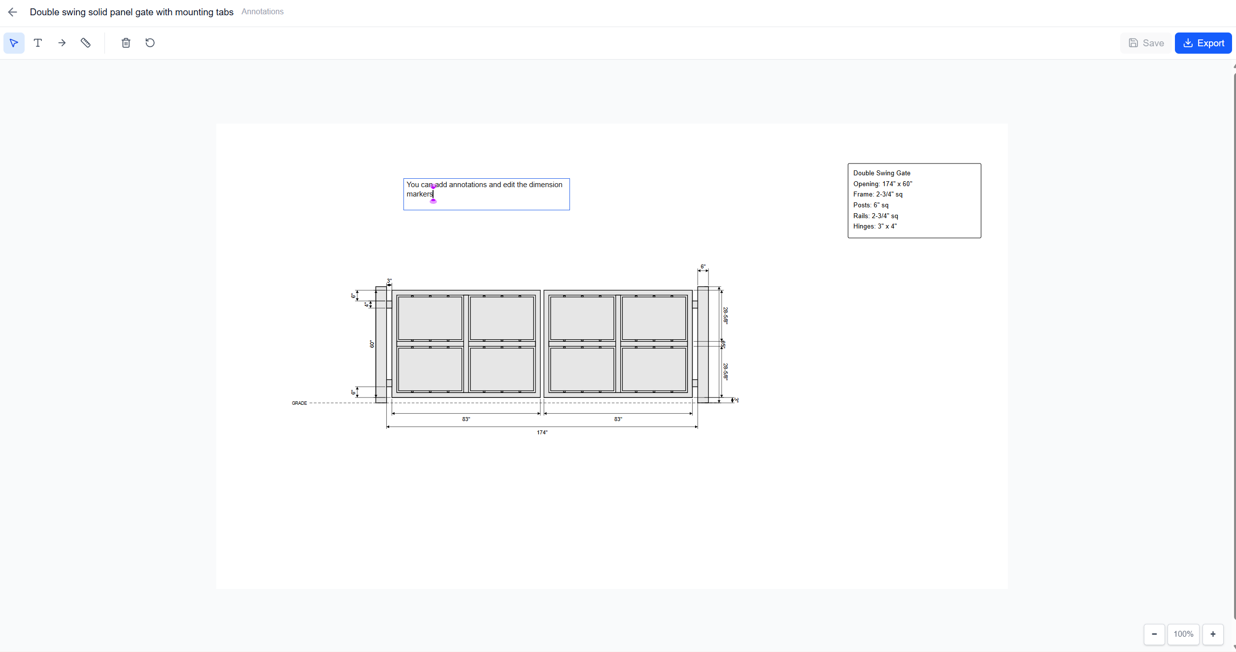 Annotation window — double swing gate with auto-generated dimensions, spec block, and text annotations