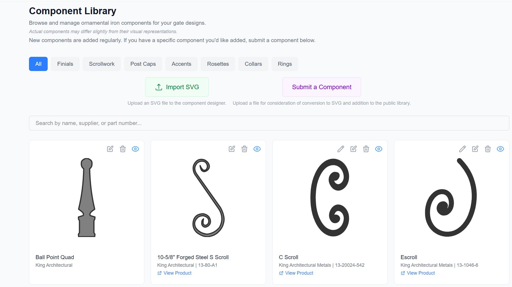 Component Library — browsing real ornamental iron components like finials and scrollwork with supplier names, part numbers, and product links